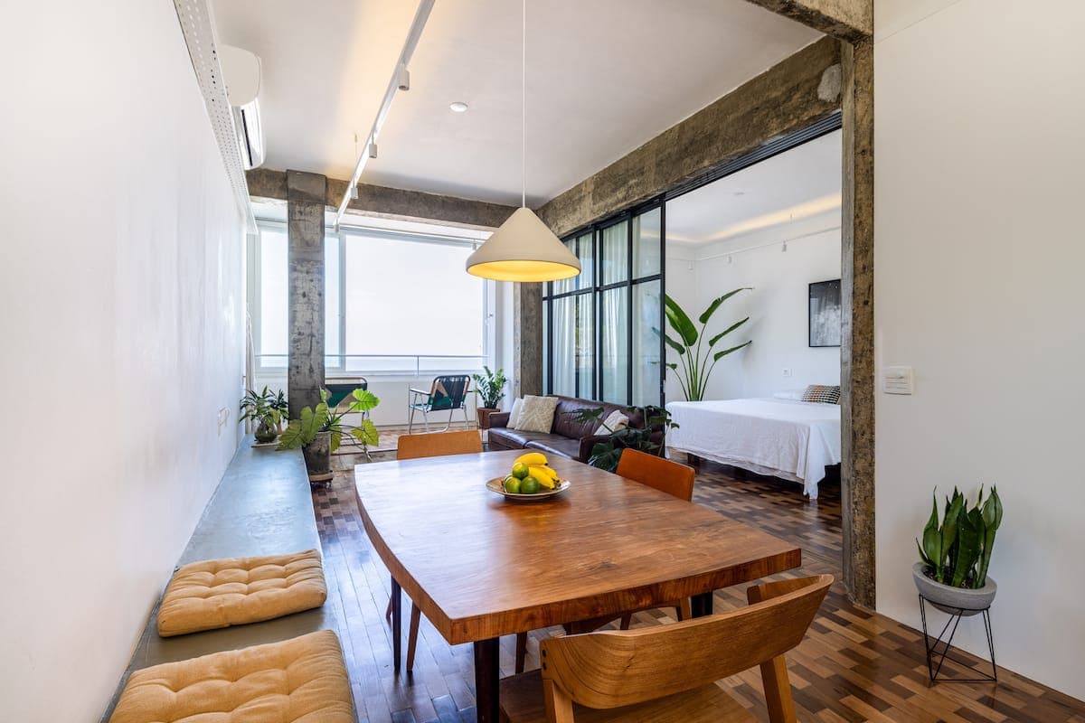 Dining and living area with ocean light